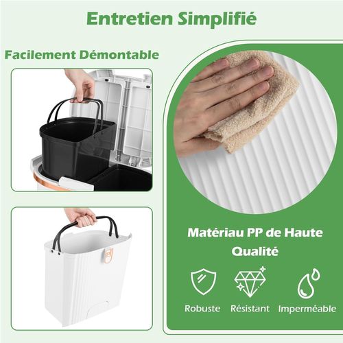 Poubelle Cuisine Double Compartiments En Plastique 38l,tri Selectif à Roulettes,2 Couvercles(blanc)
