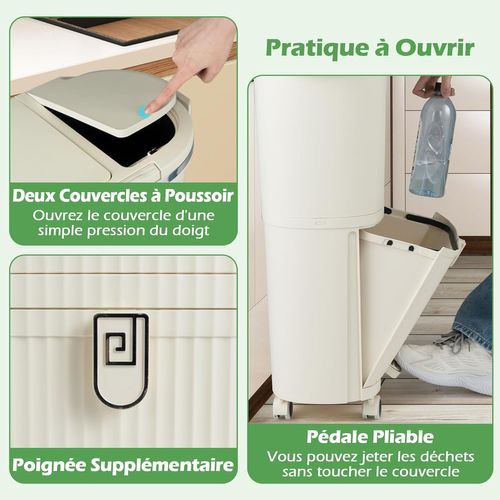 Poubelle Cuisine Double Compartiments En Plastique 38l,tri Selectif à Roulettes,2 Couvercles(beige)