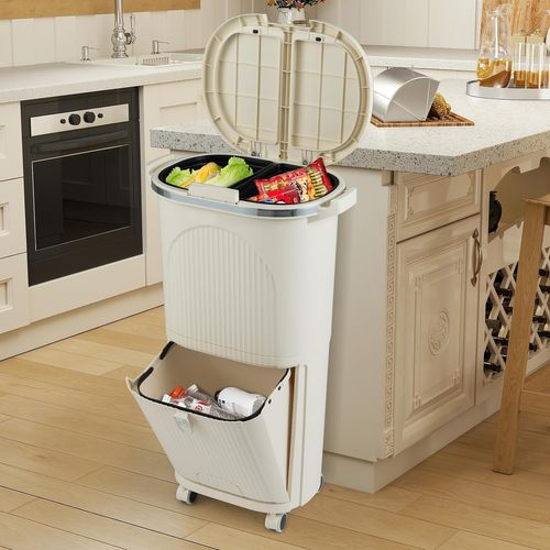 Poubelle Cuisine Double Compartiments En Plastique 38l,tri Selectif à Roulettes,2 Couvercles(beige)