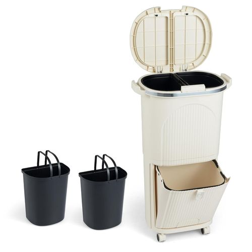 Poubelle Cuisine Double Compartiments En Plastique 38l,tri Selectif à Roulettes,2 Couvercles(beige)