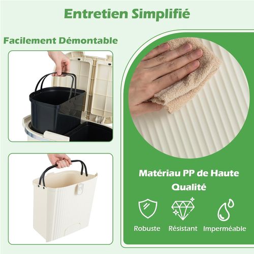 Poubelle Cuisine Double Compartiments En Plastique 38l,tri Selectif à Roulettes,2 Couvercles(beige)