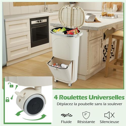 Poubelle Cuisine Double Compartiments En Plastique 38l,tri Selectif à Roulettes,2 Couvercles(beige)