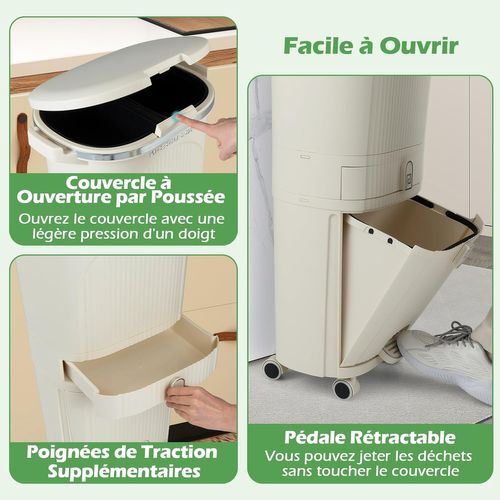 Poubelle Cuisine Double Compartiments En Plastique 42l,tri Selectif à Roulettes Avec Tiroir(beige)