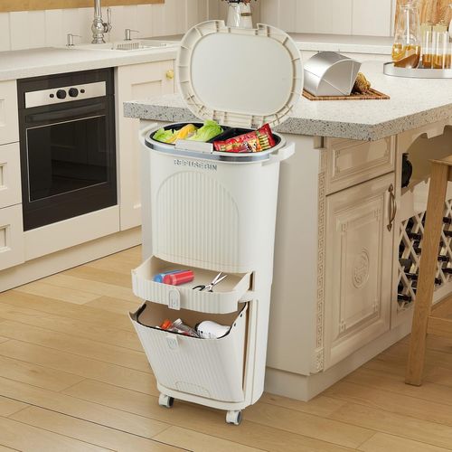 Poubelle Cuisine Double Compartiments En Plastique 42l,tri Selectif à Roulettes Avec Tiroir(beige)