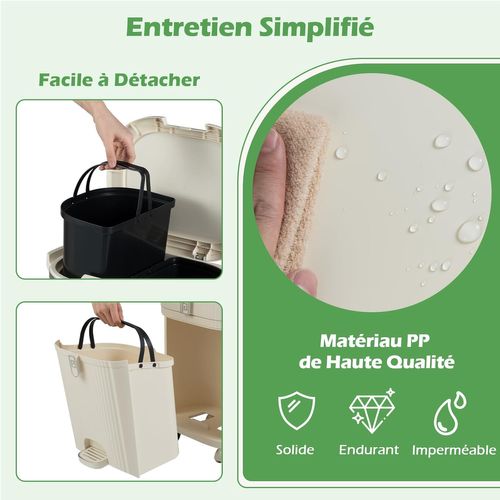 Poubelle Cuisine Double Compartiments En Plastique 42l,tri Selectif à Roulettes Avec Tiroir(beige)