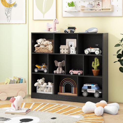 Bibliothèque Étagère à 10 Compartiments Ouverts, Meuble De Rangement à 3 Niveaux(noir)