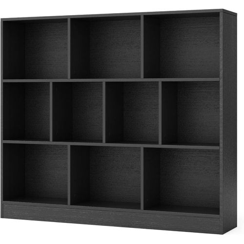 Bibliothèque Étagère à 10 Compartiments Ouverts, Meuble De Rangement à 3 Niveaux(noir)
