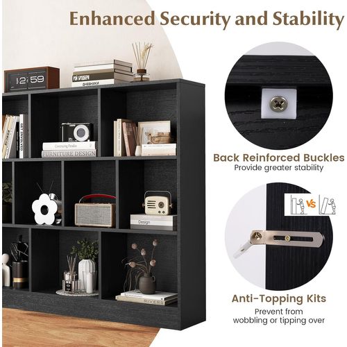 Bibliothèque Étagère à 10 Compartiments Ouverts, Meuble De Rangement à 3 Niveaux(noir)