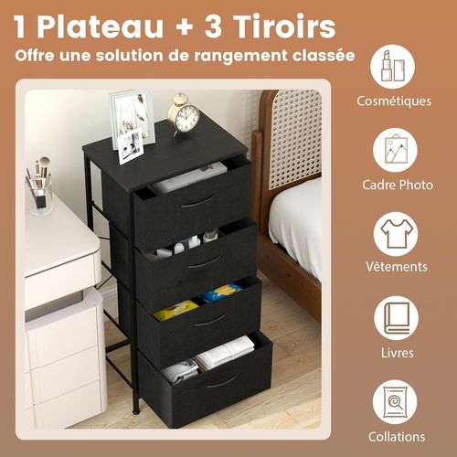 Commode 4 Tiroirs, Commode Chambre Etroite En Tissu, Dessus En Bois, Cadre Métallique Robuste(noir)