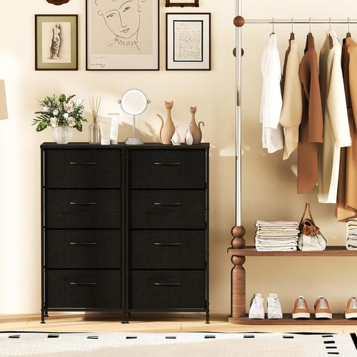 Commode 4 Tiroirs, Commode Chambre Etroite En Tissu, Dessus En Bois, Cadre Métallique Robuste(noir)