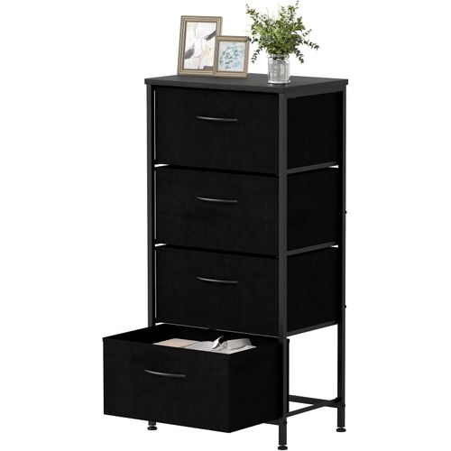Commode 4 Tiroirs, Commode Chambre Etroite En Tissu, Dessus En Bois, Cadre Métallique Robuste(noir)