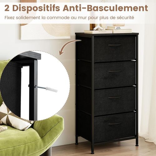 Commode 4 Tiroirs, Commode Chambre Etroite En Tissu, Dessus En Bois, Cadre Métallique Robuste(noir)