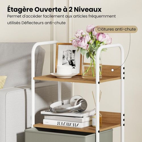 Chariot De Rangement à Roulettes, 2 Étagères Ouvertes, 2 Tiroirs Pliable En Tissu, 43,5 X 30 X 96 Cm