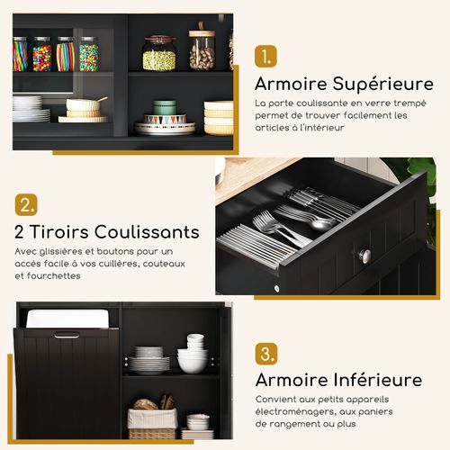 Buffet De Cuisine 2 Tiroirs,meuble Cuisine Avec Plan De Travail En Caoutchouc,placard Basculant,noir