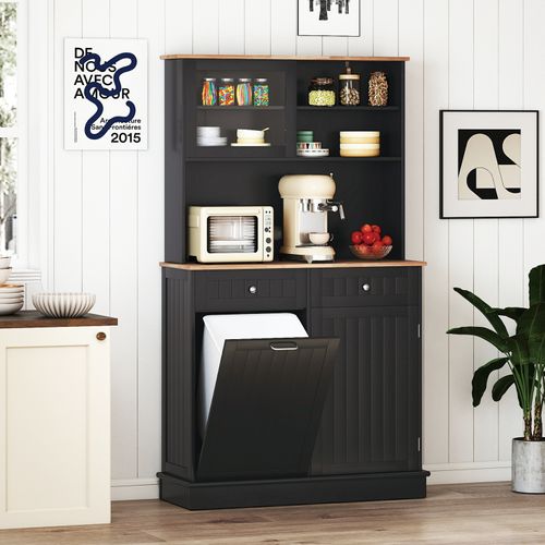 Buffet De Cuisine 2 Tiroirs,meuble Cuisine Avec Plan De Travail En Caoutchouc,placard Basculant,noir