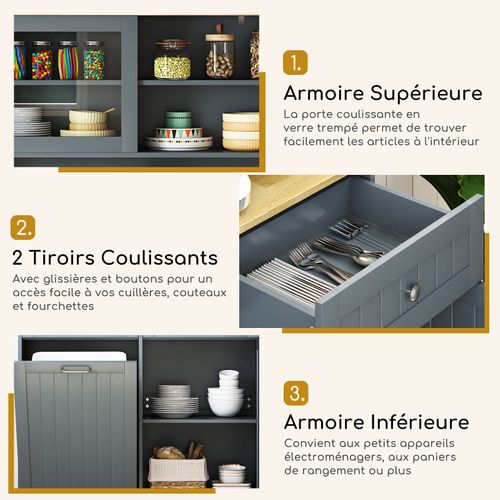 Buffet De Cuisine 2 Tiroirs,meuble Cuisine Avec Plan De Travail En Caoutchouc,placard Basculant,gris