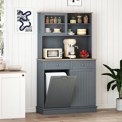 Buffet De Cuisine 2 Tiroirs,meuble Cuisine Avec Plan De Travail En Caoutchouc,placard Basculant,gris