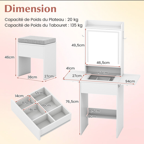 Petite Coiffeuse Avec Miroir Et Tabouret,3 Modes D'éclairage,station De Charge(94x41x147cm)