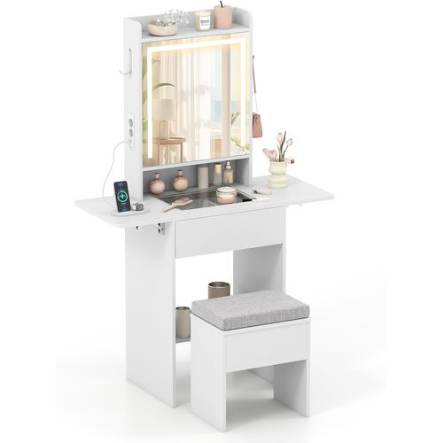 Petite Coiffeuse Avec Miroir Et Tabouret,3 Modes D'éclairage,station De Charge(94x41x147cm)