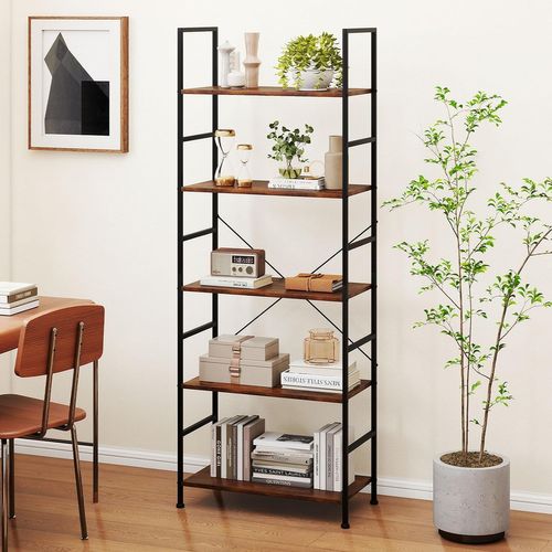 Étagère 5 Niveaux, Bibliothèque Avec Cadre Métallique,60 X 30 X 160 Cm, Marron Rustique