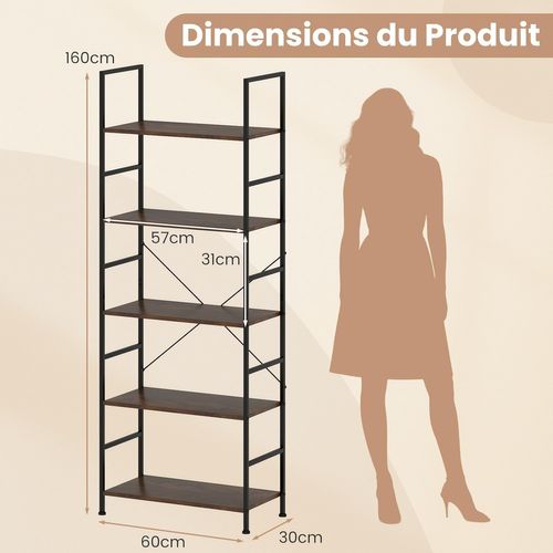Étagère 5 Niveaux, Bibliothèque Avec Cadre Métallique,60 X 30 X 160 Cm, Marron Rustique