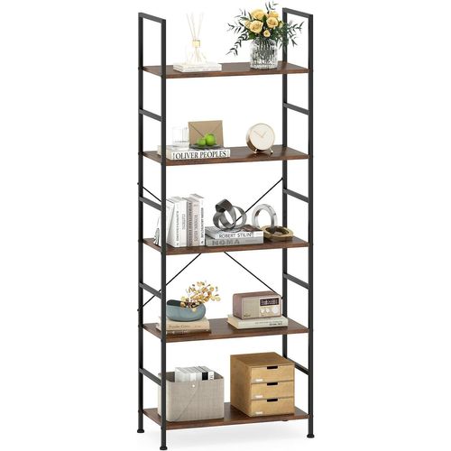 Étagère 5 Niveaux, Bibliothèque Avec Cadre Métallique,60 X 30 X 160 Cm, Marron Rustique