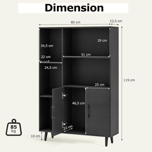 Bibliothèque Avec 2 Portes Et 5 Compartiments Ouverts, Armoire De Rangement(noir Veiné)