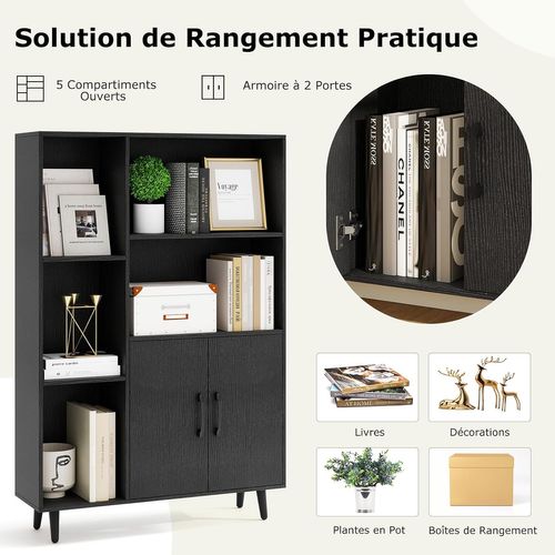 Bibliothèque Avec 2 Portes Et 5 Compartiments Ouverts, Armoire De Rangement(noir Veiné)