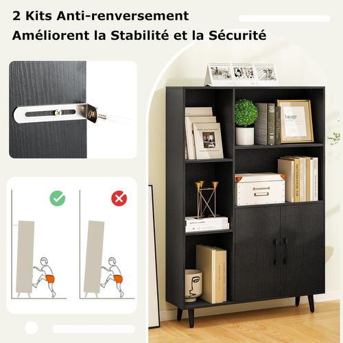 Bibliothèque Avec 2 Portes Et 5 Compartiments Ouverts, Armoire De Rangement(noir Veiné)