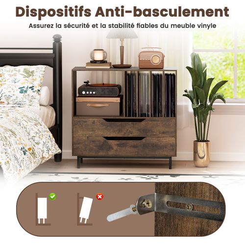 Meuble Vinyle Avec 2 Tiroirs, Rangement Platine Vinyle 5 Compartiments (marron Rustique)
