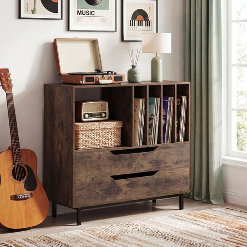 Meuble Vinyle Avec 2 Tiroirs, Rangement Platine Vinyle 5 Compartiments (marron Rustique)