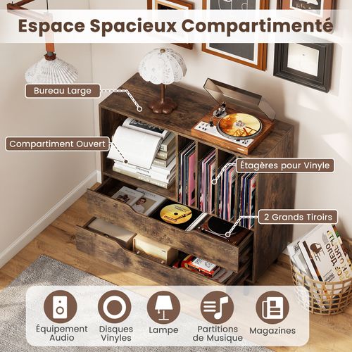 Meuble Vinyle Avec 2 Tiroirs, Rangement Platine Vinyle 5 Compartiments (marron Rustique)