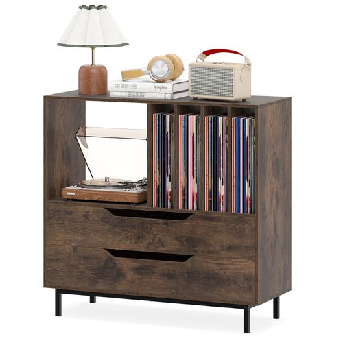 Meuble Vinyle Avec 2 Tiroirs, Rangement Platine Vinyle 5 Compartiments (marron Rustique)
