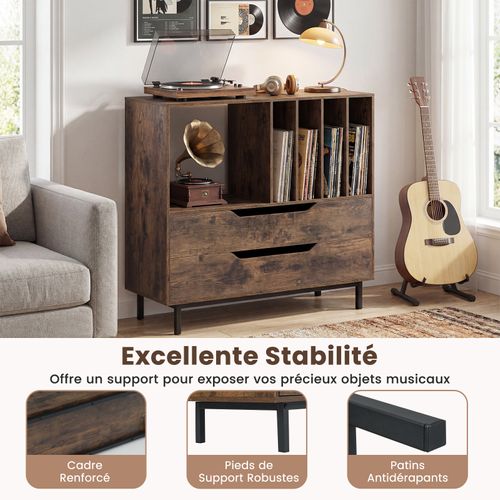 Meuble Vinyle Avec 2 Tiroirs, Rangement Platine Vinyle 5 Compartiments (marron Rustique)