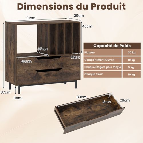 Meuble Vinyle Avec 2 Tiroirs, Rangement Platine Vinyle 5 Compartiments (marron Rustique)