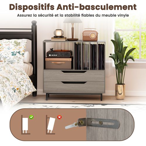 Meuble Vinyle Avec 2 Tiroirs, Rangement Platine Vinyle 5 Compartiments (gris Chêne)