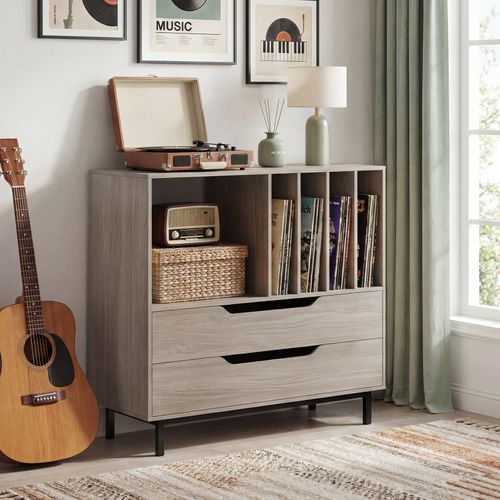 Meuble Vinyle Avec 2 Tiroirs, Rangement Platine Vinyle 5 Compartiments (gris Chêne)