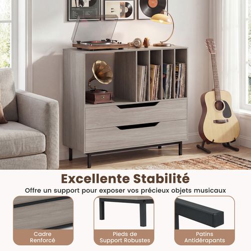 Meuble Vinyle Avec 2 Tiroirs, Rangement Platine Vinyle 5 Compartiments (gris Chêne)