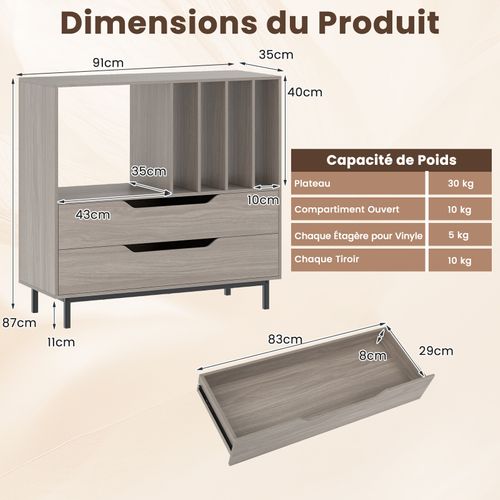 Meuble Vinyle Avec 2 Tiroirs, Rangement Platine Vinyle 5 Compartiments (gris Chêne)