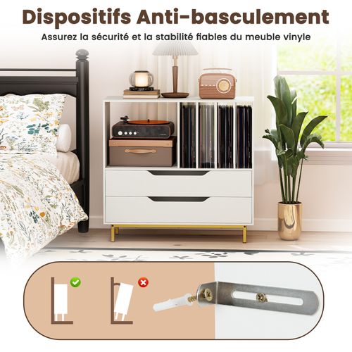 Meuble Vinyle Avec 2 Tiroirs, Rangement Platine Vinyle 5 Compartiments (blanc)