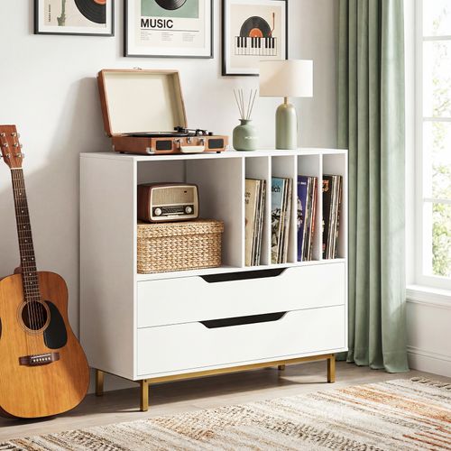 Meuble Vinyle Avec 2 Tiroirs, Rangement Platine Vinyle 5 Compartiments (blanc)