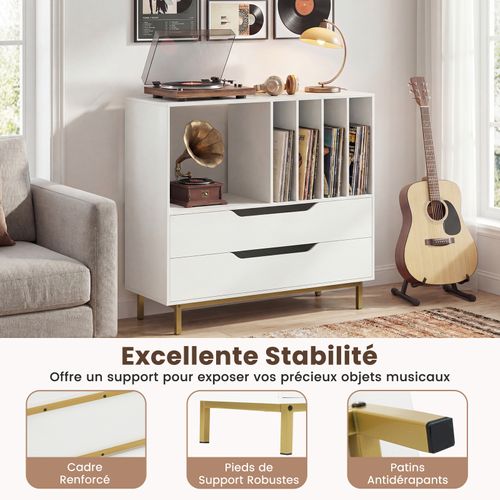 Meuble Vinyle Avec 2 Tiroirs, Rangement Platine Vinyle 5 Compartiments (blanc)