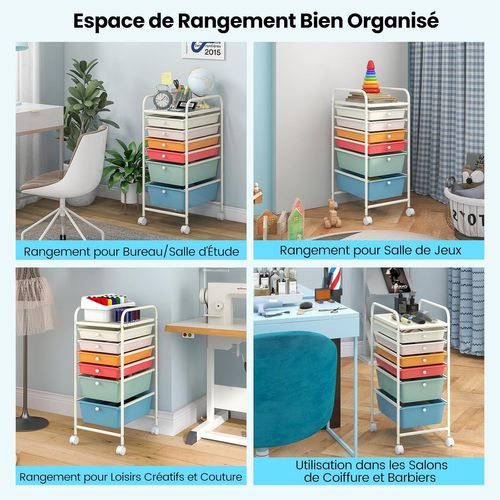Chariot De Rangement à Roulettes Avec 6 Tiroirs Plastiques, Tour De Rangement  (coloré)