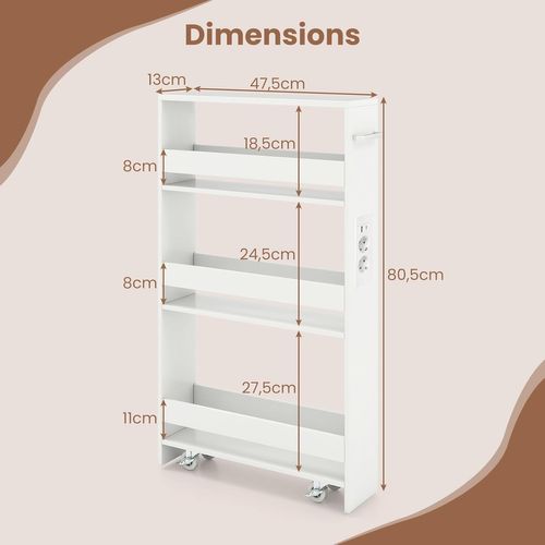 Chariot De Rangement Roulant 13 Cm, Mltiprise Avec Ports USB, Desserte De Cuisine (blanc)