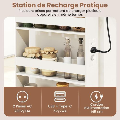 Chariot De Rangement Roulant 13 Cm, Mltiprise Avec Ports USB, Desserte De Cuisine (blanc)