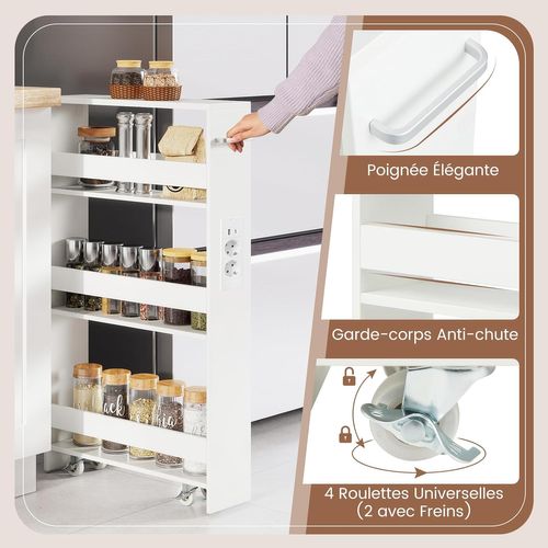Chariot De Rangement Roulant 13 Cm, Mltiprise Avec Ports USB, Desserte De Cuisine (blanc)