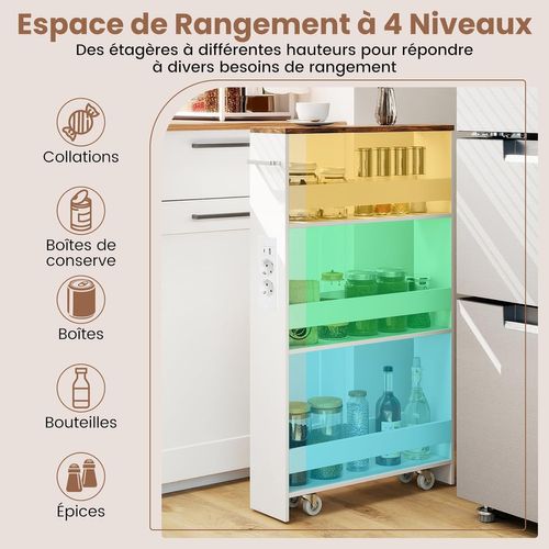 Chariot De Rangement Roulant 13 Cm, Mltiprise Avec Ports USB (blanc + Indstriel)