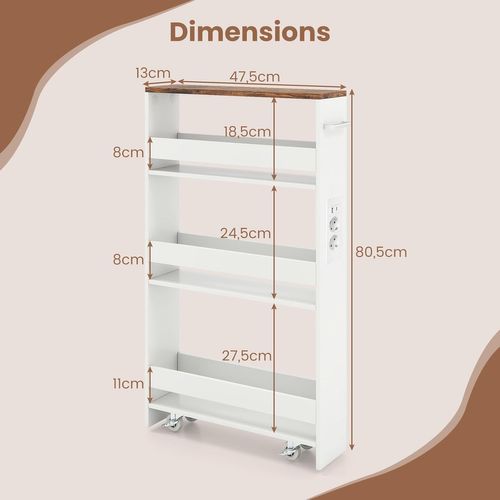 Chariot De Rangement Roulant 13 Cm, Mltiprise Avec Ports USB (blanc + Indstriel)