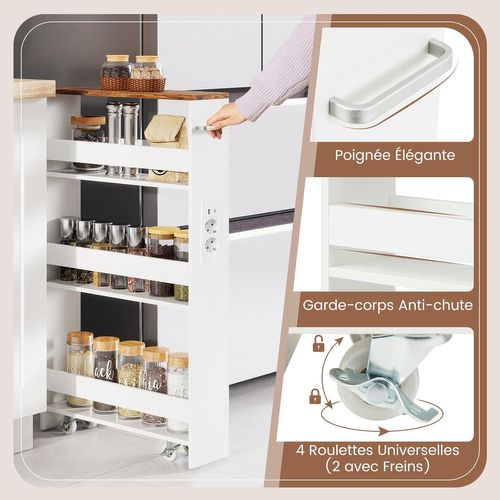 Chariot De Rangement Roulant 13 Cm, Mltiprise Avec Ports USB (blanc + Indstriel)