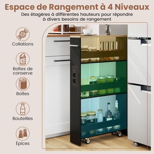 Chariot De Rangement Roulant 13 Cm, Mltiprise Avec Ports USB, Desserte De Cuisine (noir + Naturel)